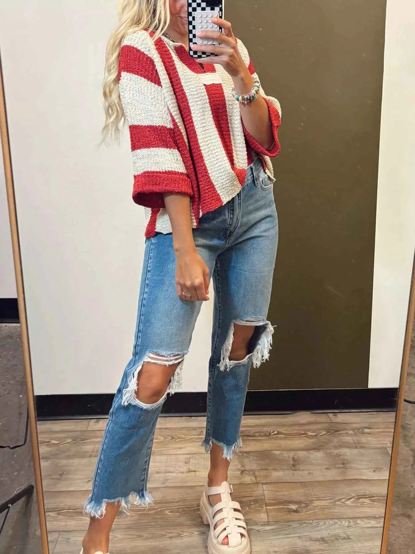 Striped Notched 3/4 Sleeve Sweater Deep Red 0ea3493e-9fb1-40cc-b78d-5fc0319d3439-Max-Origin