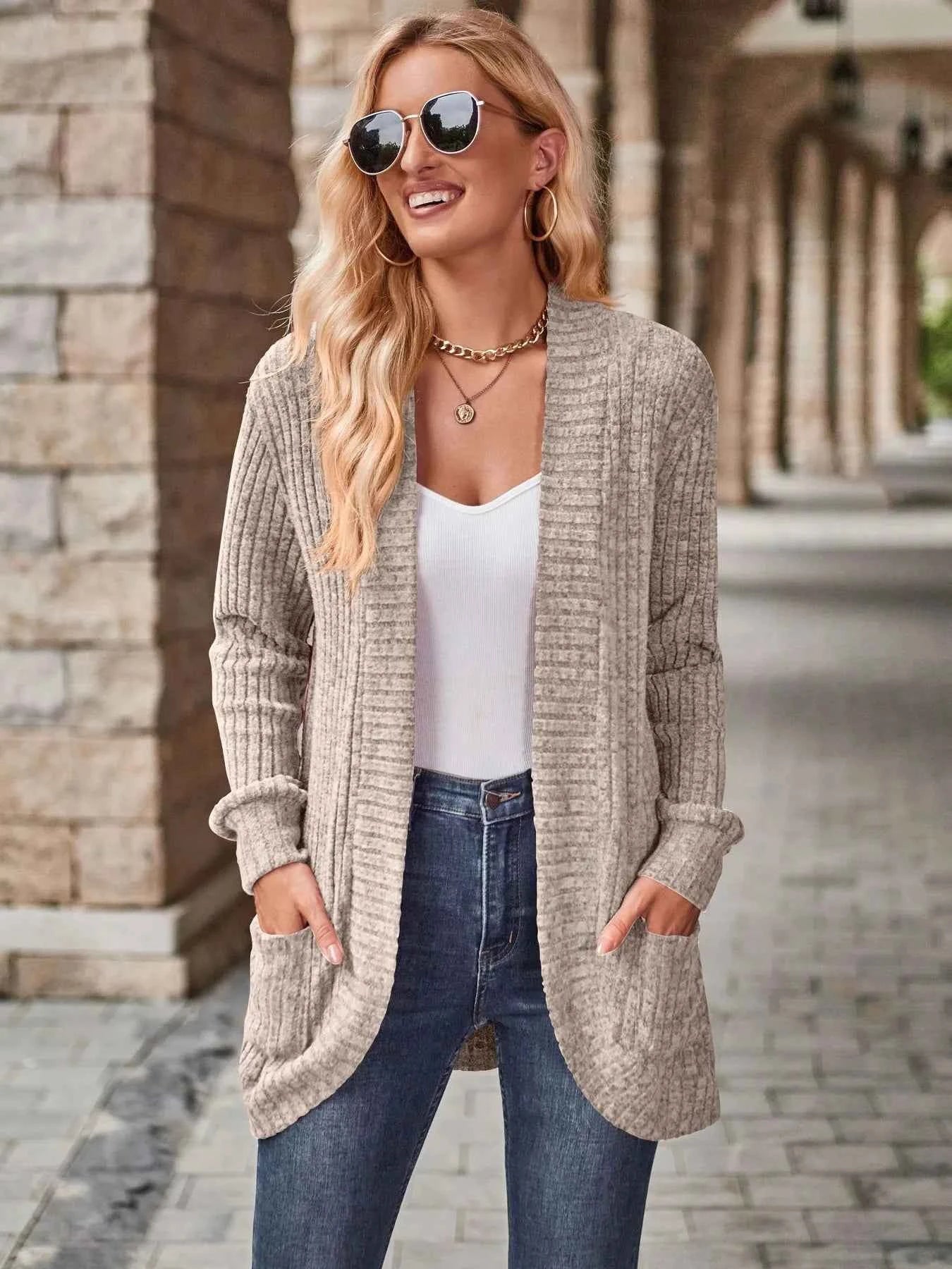 Ribbed Open Front Long Cardigan with Pockets