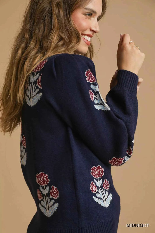 Floral Knit Sweater with Puff Sleeves 0ea8fa98-ce7f-4bdd-a94e-2fe08bb929ee-Max-Origin