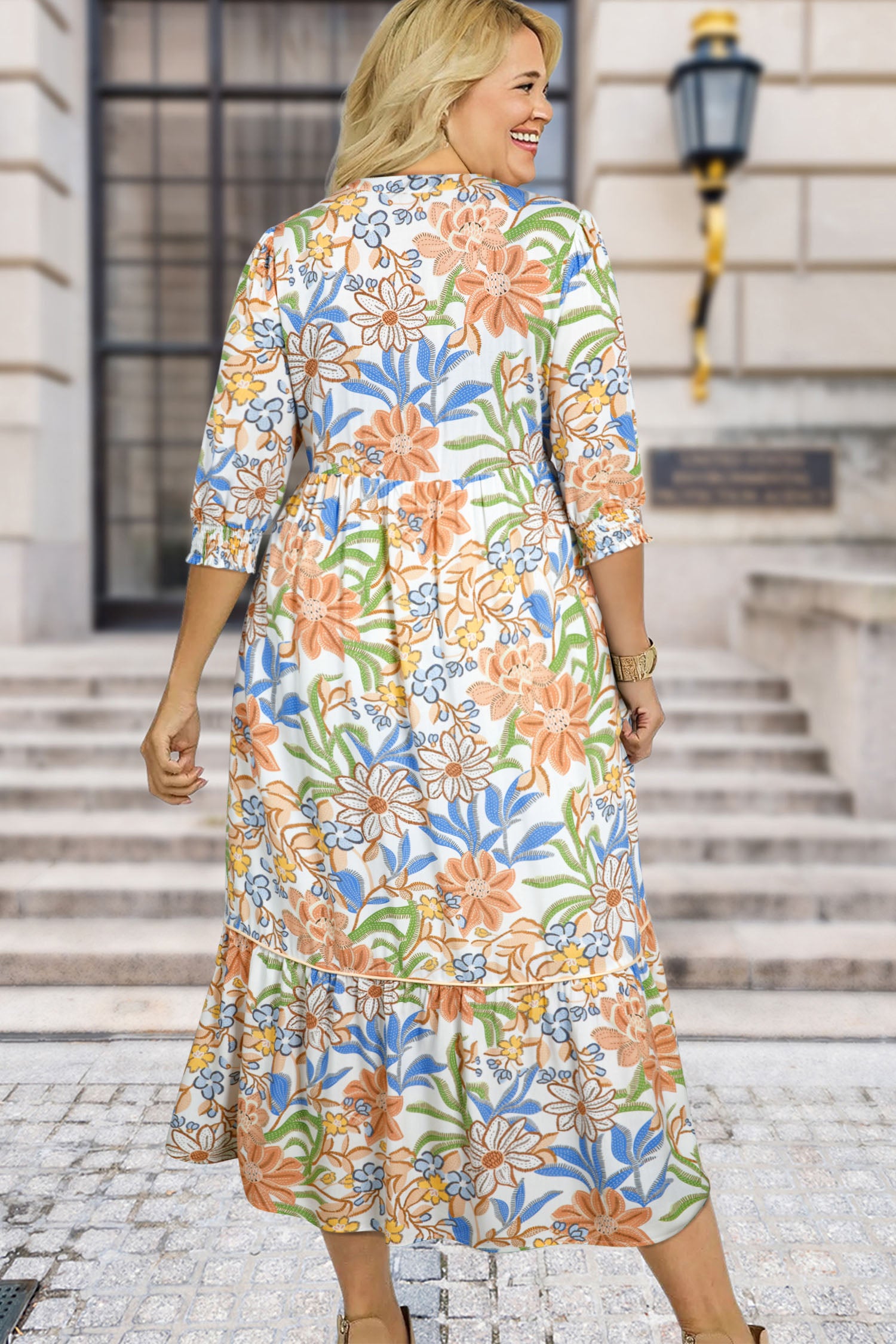 Khaki Floral Print 3/4 Sleeves Tiered Plus Size Long Dress 0eab4bc1f82468f3