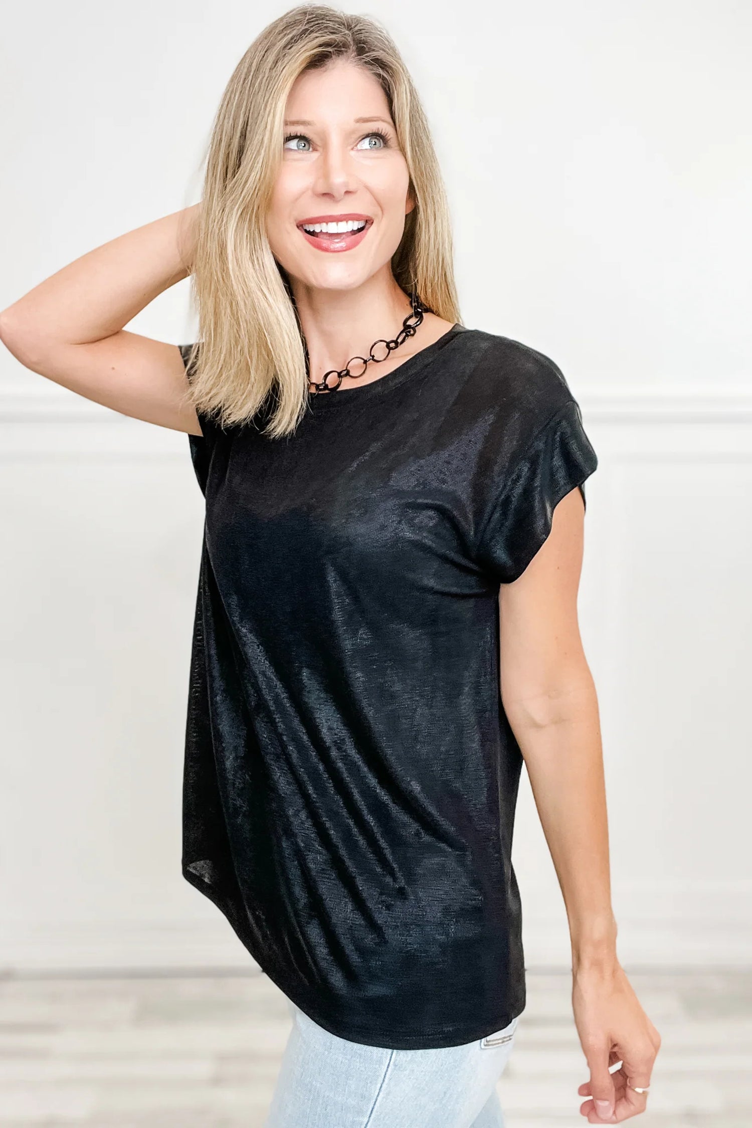 Black Metallic Round Neck Cap Sleeve Tee 0ec260a1ab2fbe9b