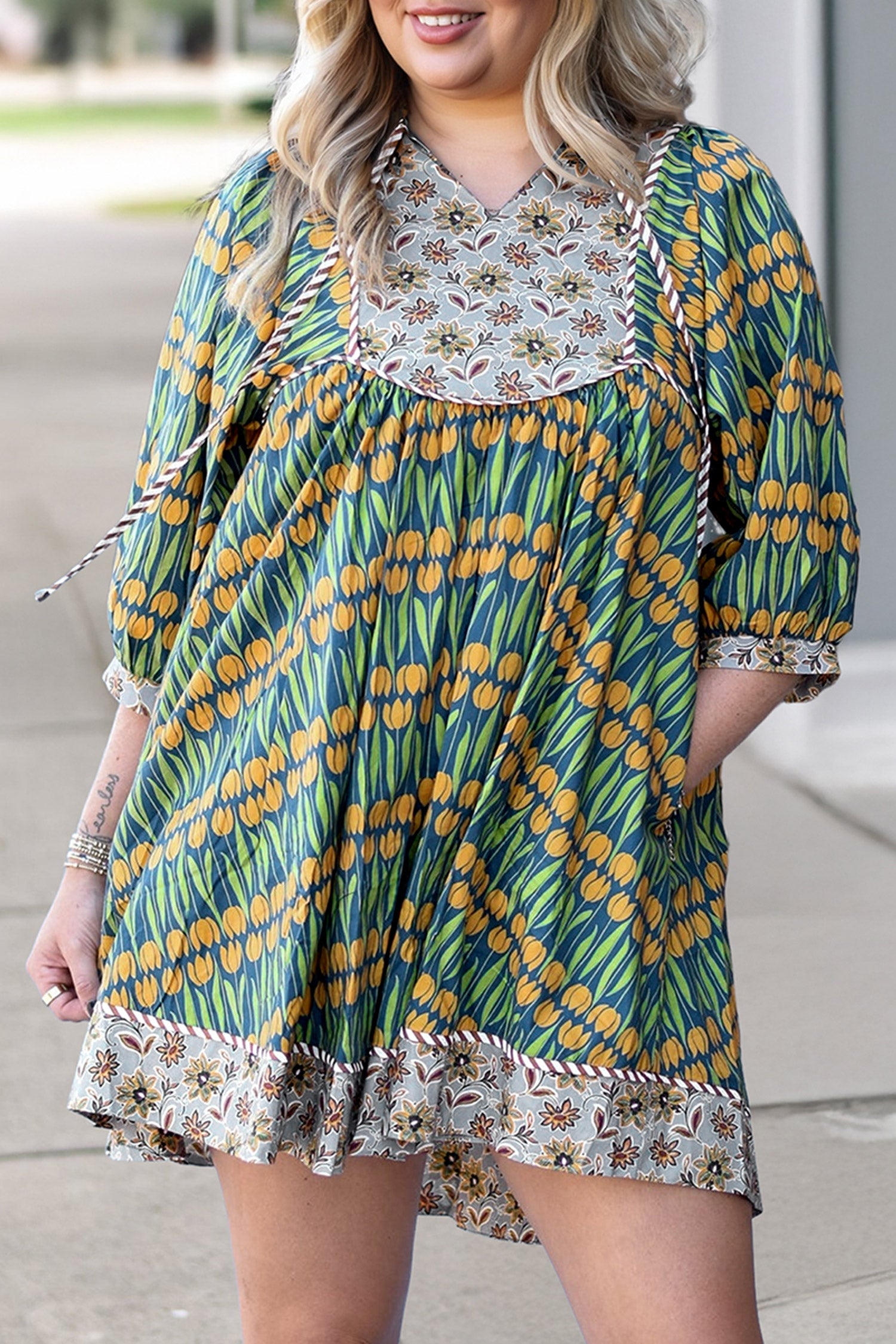 Green Plus Size Mixed Floral Print Striped Trim Loose Mini Dress Green 100%Cotton 0ec5b4e661a08fc9