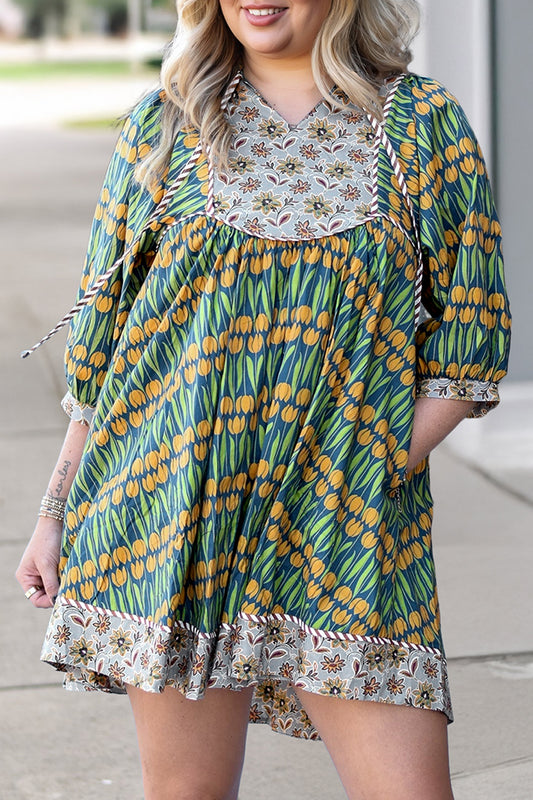 Green Plus Size Mixed Floral Print Striped Trim Loose Mini Dress Green 100%Cotton 0ec5b4e661a08fc9