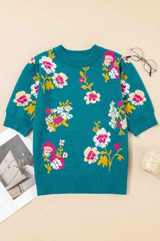 Floral Knit Crewneck Short Sleeve Top 0ec6cde2-c9e0-4dd7-bb38-15361ce79c75