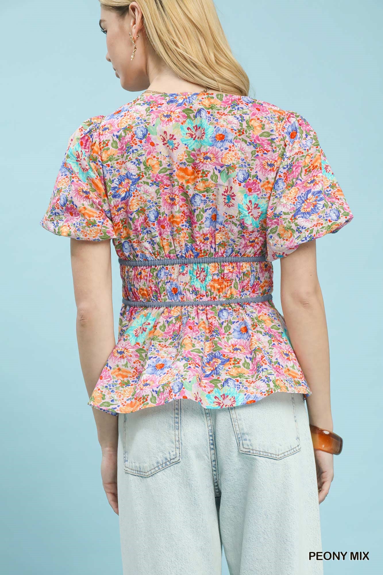 Umgee Mix Floral Smocked Waist Blouse 0ec6fa38-0406-44e7-b366-9b680548c58f-Max