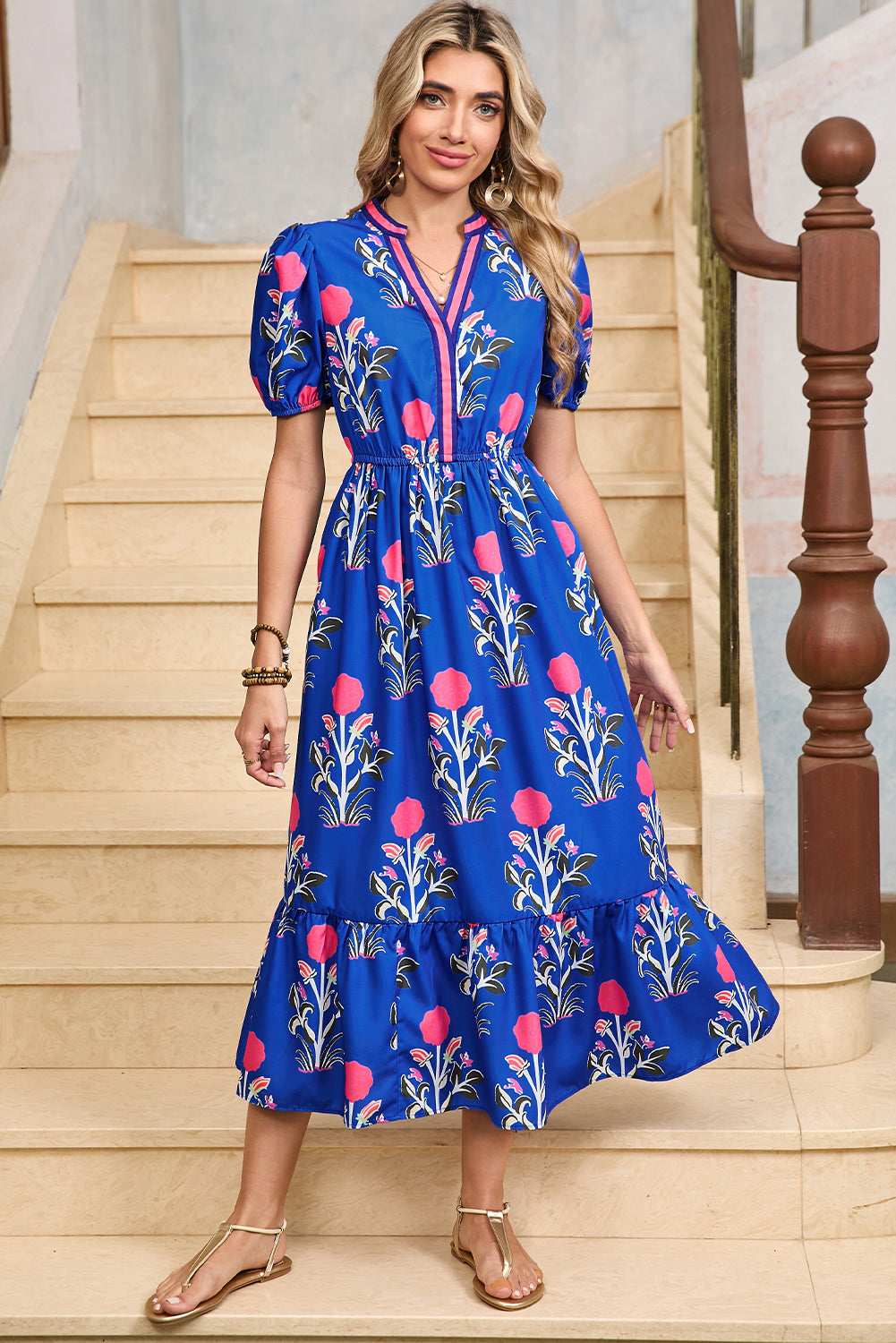 Blue Floral Ruffle Hem Pop of Color Neckline Dress 0ecd3d50f5065770-_12