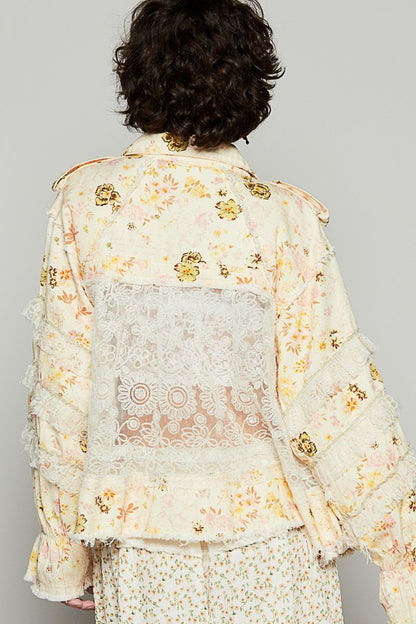 POL Raw Hem Lace Patch Flounce Sleeve Jacket