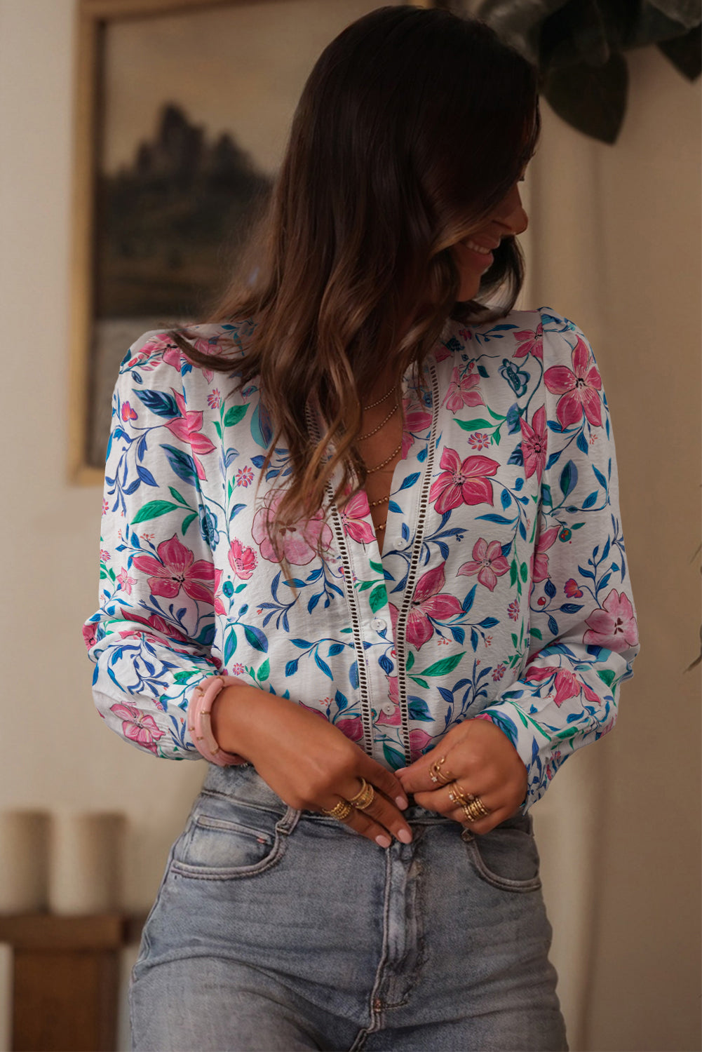 Pink Floral Print Lace Detail Button-up Long Sleeve Shirt 0ed0a9e0a856491e