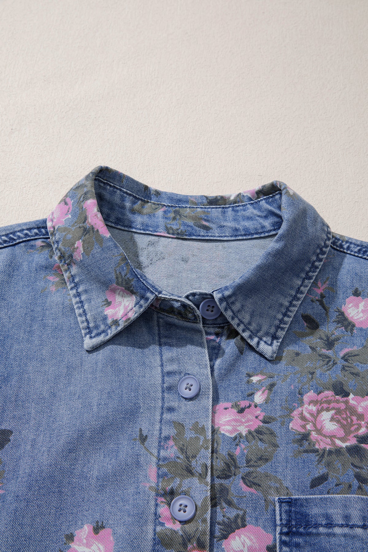 Blue Bracelet Sleeve Floral Denim Shirt 0ed30012d896b25d