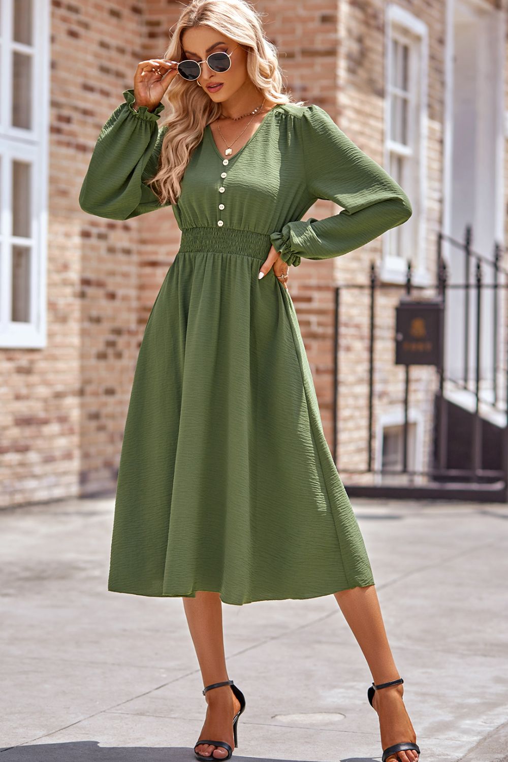 Smocked V-Neck Flounce Sleeve Midi Dress