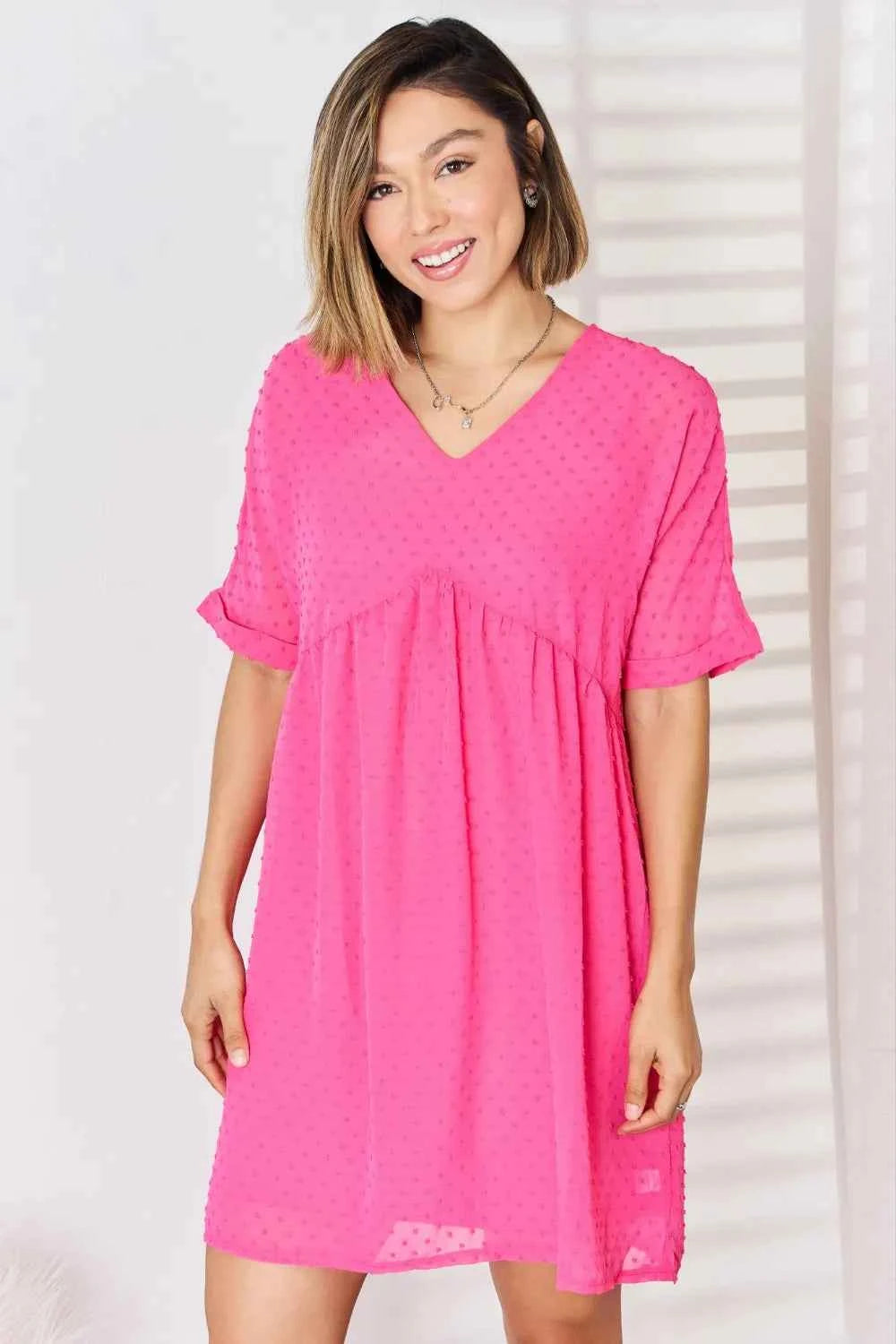 Zenana Swiss Dot Rolled Short Sleeve Babydoll Dress 0ed56240-9b4c-488c-98ff-2c3d59d23dab-Max