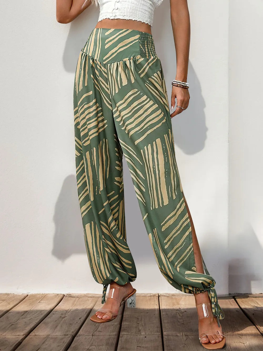 Perfee Smocked Slit Printed High Waist Pants 0eda14bf-0af9-418c-ab85-93e79df9b240-Max