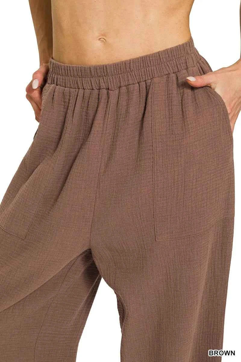 Zenana Double Gauze Elastic Band Pants