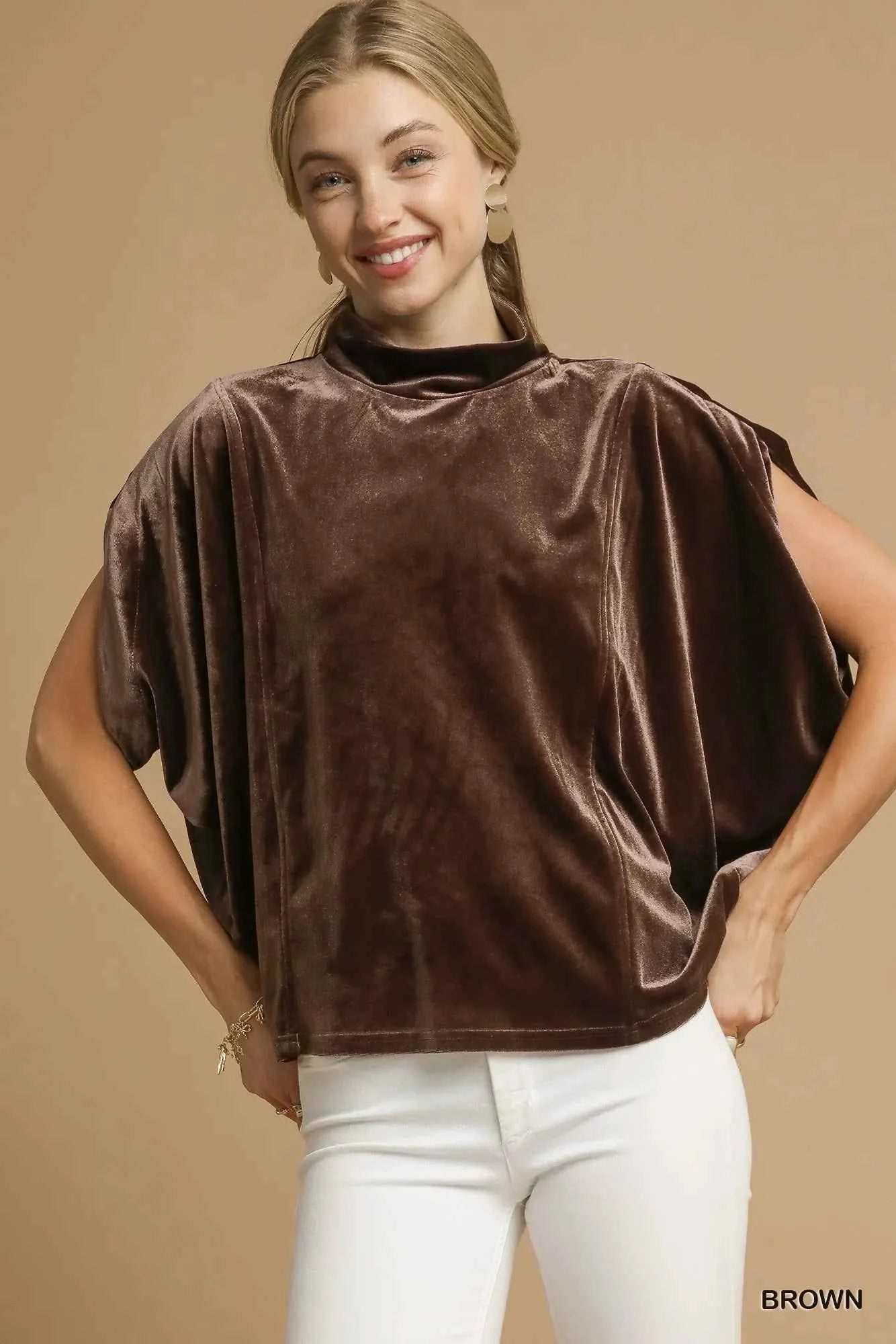 Umgee Velvet Mock Neck Sleeveless Blouse Brown 0ede3ccc-476a-4c09-be8c-9140b605a430-Max-Origin