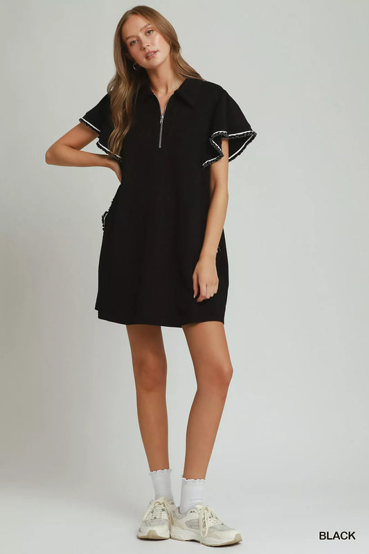 Half Zip Ruffle Rib Band Butterfy Sleeve Mini Dress with Pockets 0ee09aa1-9830-405c-80bd-3412fd56959a-Max-Origin