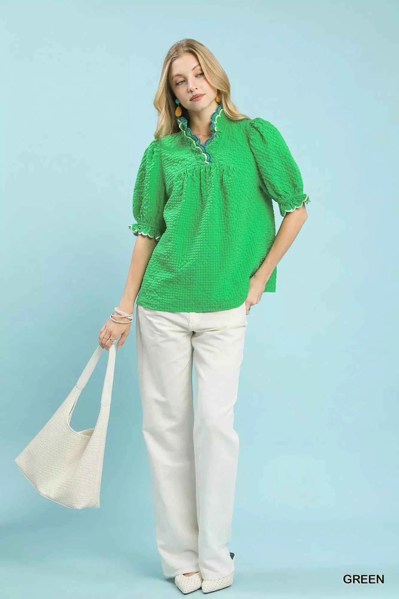 Textured Puff Sleeve Top with Scalloped Trim 0ee32697-bc87-4091-9c68-5b29c59790c7-Max-Origin
