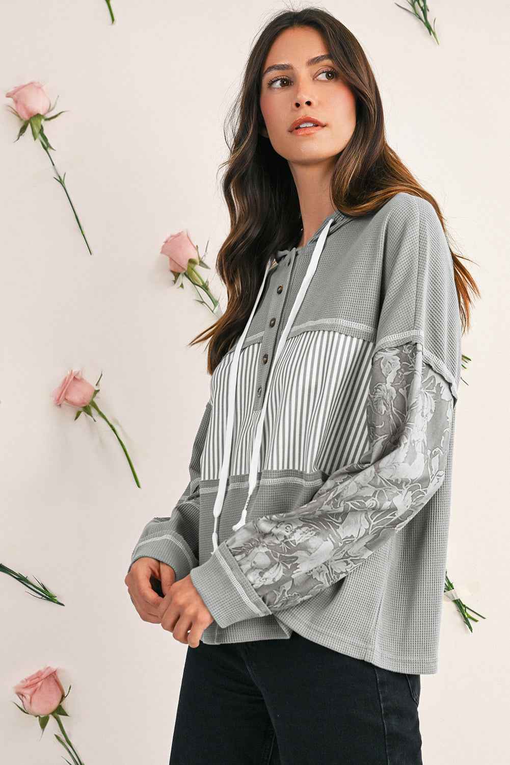 White Waffle Printed Patchwork Drawstring Hooded Long Sleeve Top 0ef7a45958dede13