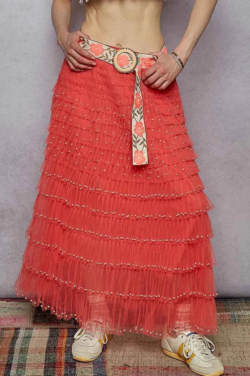 POL Tiered Ruffle Maxi Skirt with Pearl Decorative PEACH ECHO 0efb332d-115d-4d5d-8a68-9745020beece-Max-Origin
