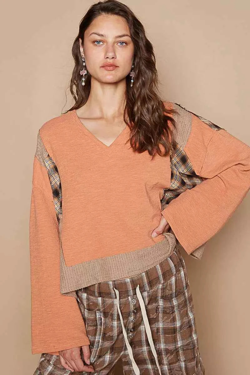 POL V-Neck Long Sleeve Plaid Contrast Top with Texture Knit Detail DRIED PAPAYA 0efd2707-a83f-432e-b092-ed9f9bc533c6-Max-Origin