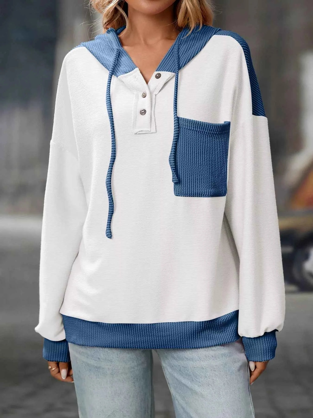 Casual Color Block Button Detail Hoodie 0efe6872-bd19-4100-8792-a89b0949713d-Max-Origin