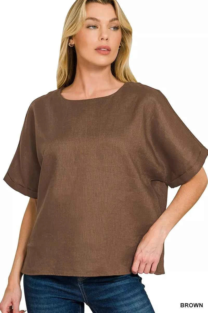 Zenana Linen Round Neck Cuffed Sleeve Top BROWN 0f0065f8b93345f9b7512d8b2ddb8a60-Max-Origin