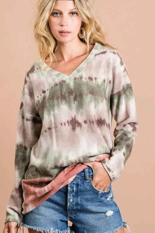 BiBi Brushed Tie Dye Looking Print V Neck Top OLIVE TAUPE RUST 0f018cbdc1d94499b1e449aefa4cc9f3-Max-Origin