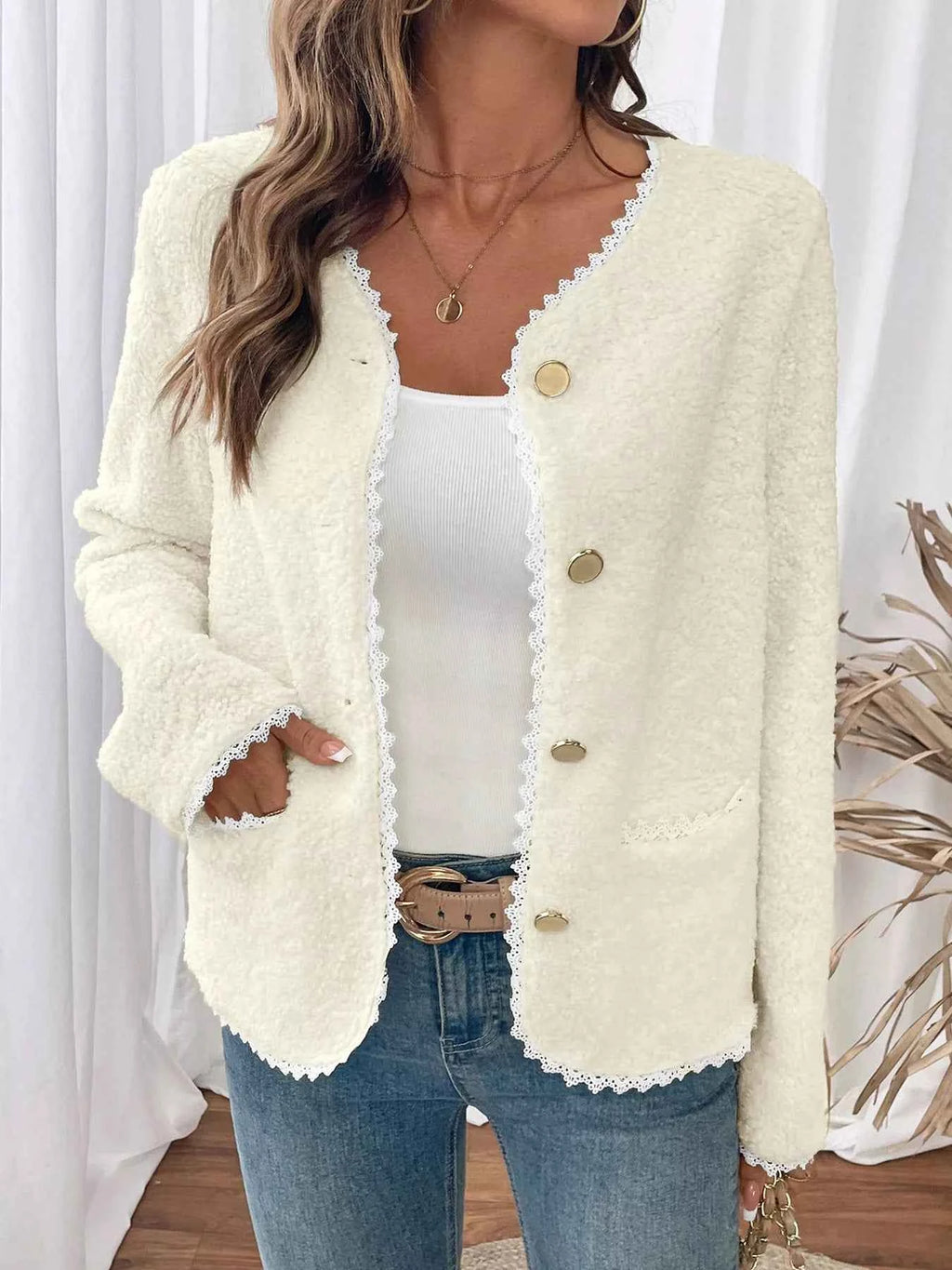Lace Detail Button Up Long Sleeve Outerwear 0f0299c2f58e456c9ae1a444934daacd-Max-Origin