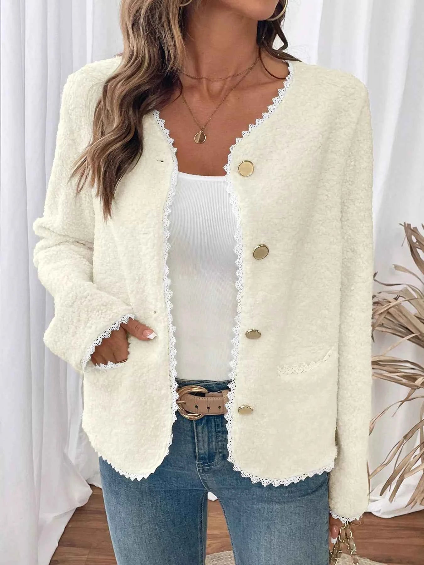 Lace Detail Button Up Long Sleeve Outerwear 0f0299c2f58e456c9ae1a444934daacd-Max-Origin