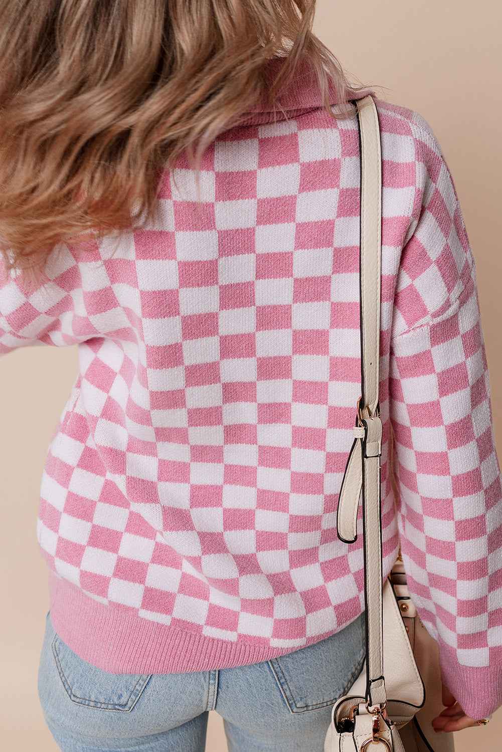 Pink Checkered Buttons Collar V Neck Drop Shoulder Sweater 0f048f068f9e6e32
