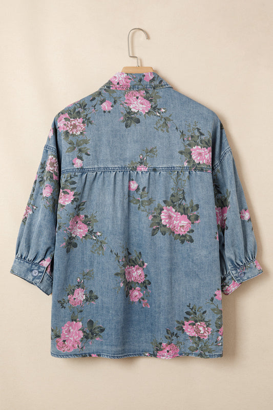 Blue Bracelet Sleeve Floral Denim Shirt 0f065de74b456571