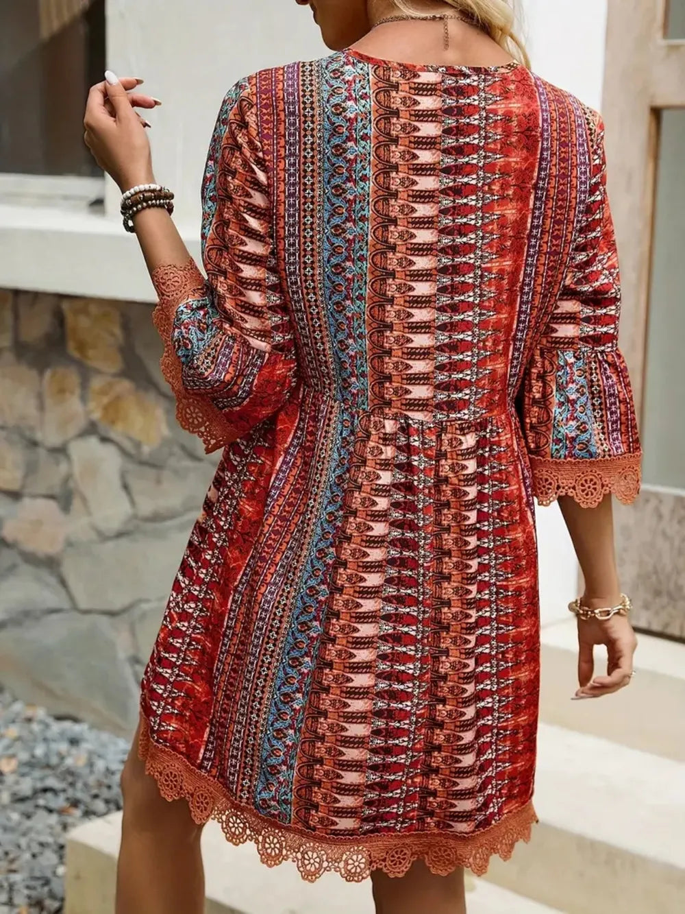 Lace Trim Printed V-Neck 3/4 Sleeve Dress 0f069783-219b-466f-86a6-285281284255-Max