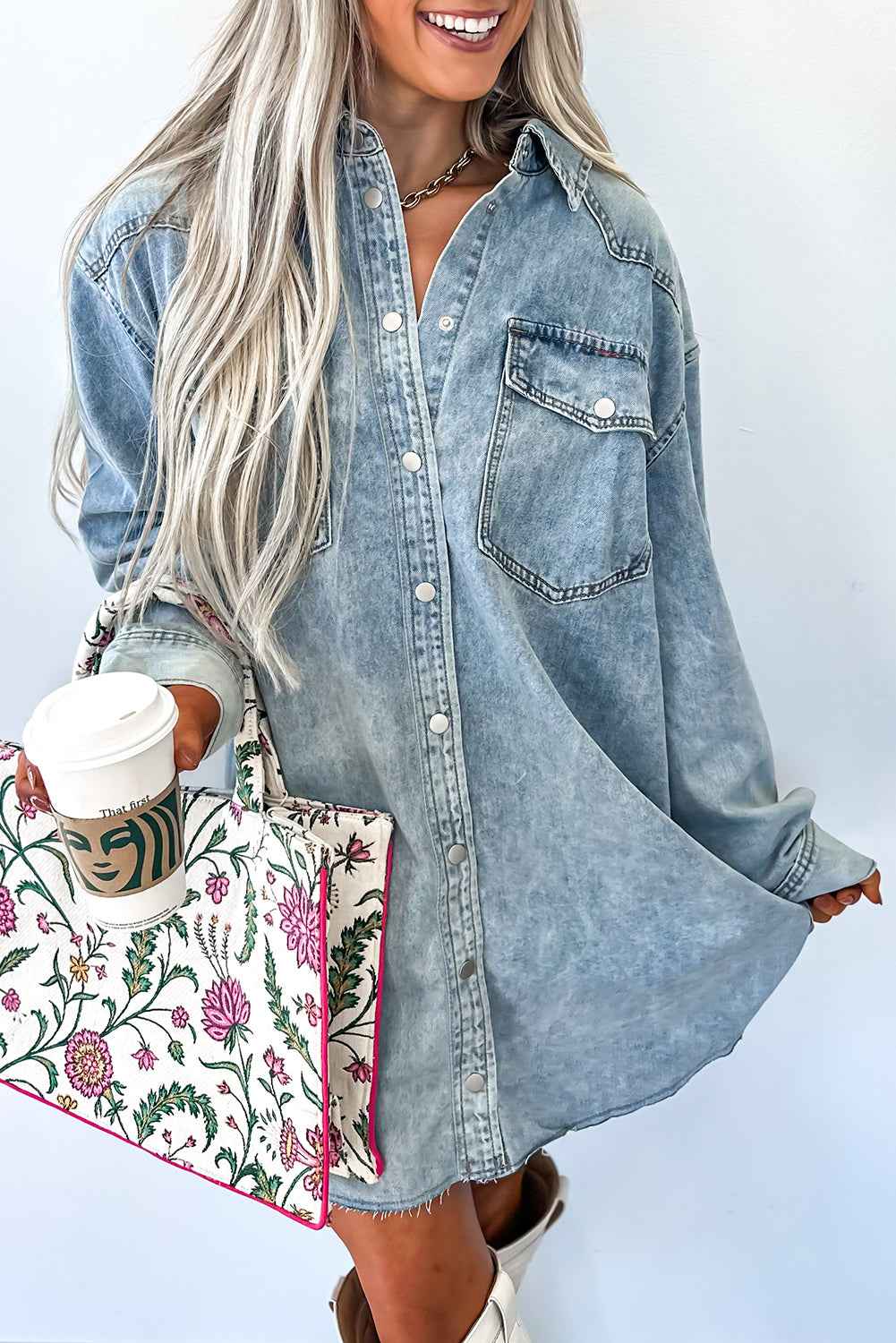 Beau Blue Chest Pocket Raw Hem Denim Loose Shirt Dress Beau Blue 100%Cotton 0f0830554cbae48f
