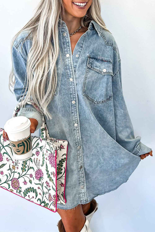 Beau Blue Chest Pocket Raw Hem Denim Loose Shirt Dress Beau Blue 100%Cotton 0f0830554cbae48f