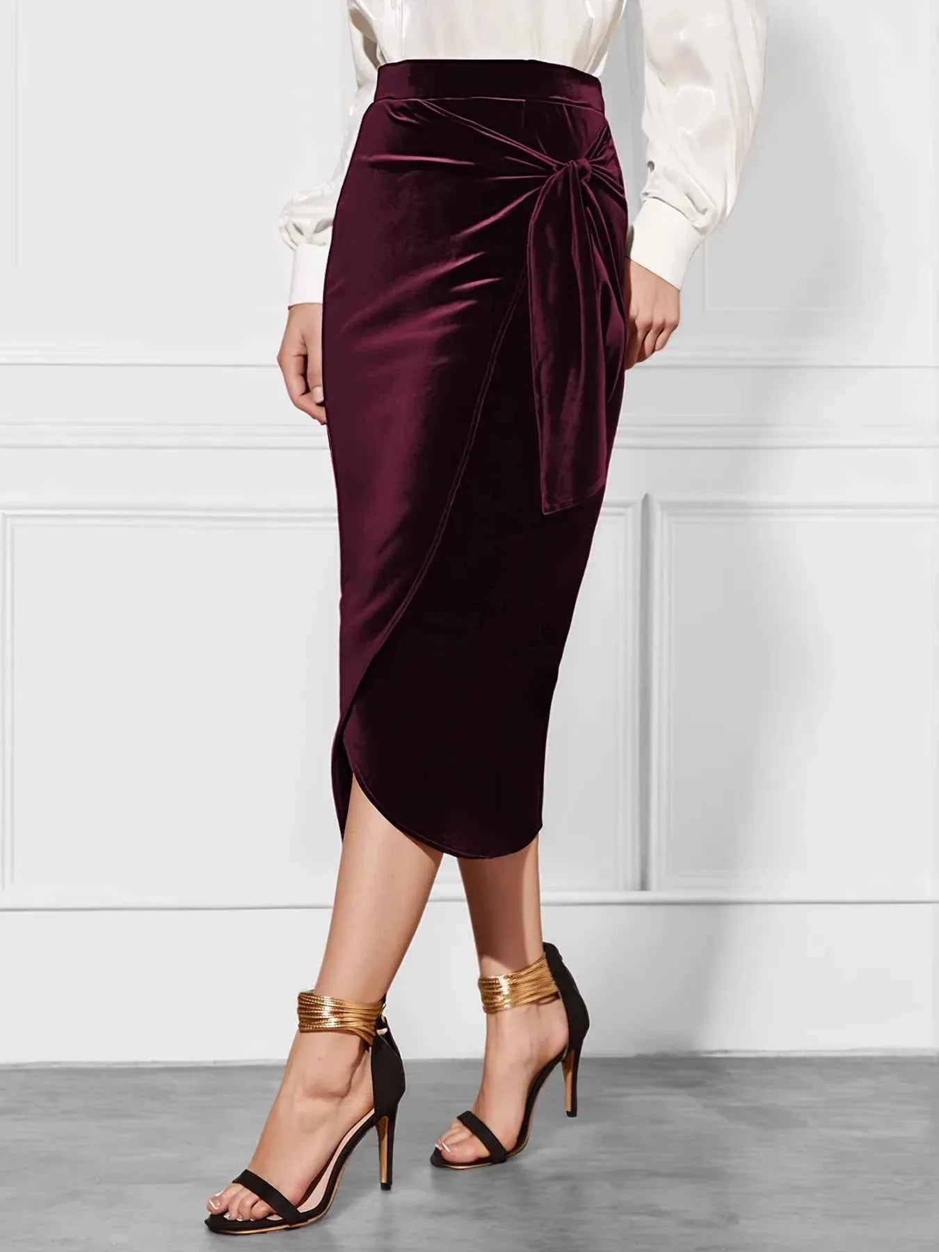 Side Tied Velvet Skirt Burgundy 0f0a2aaebac44552b30fc54de2f0d2cd-Max-Origin