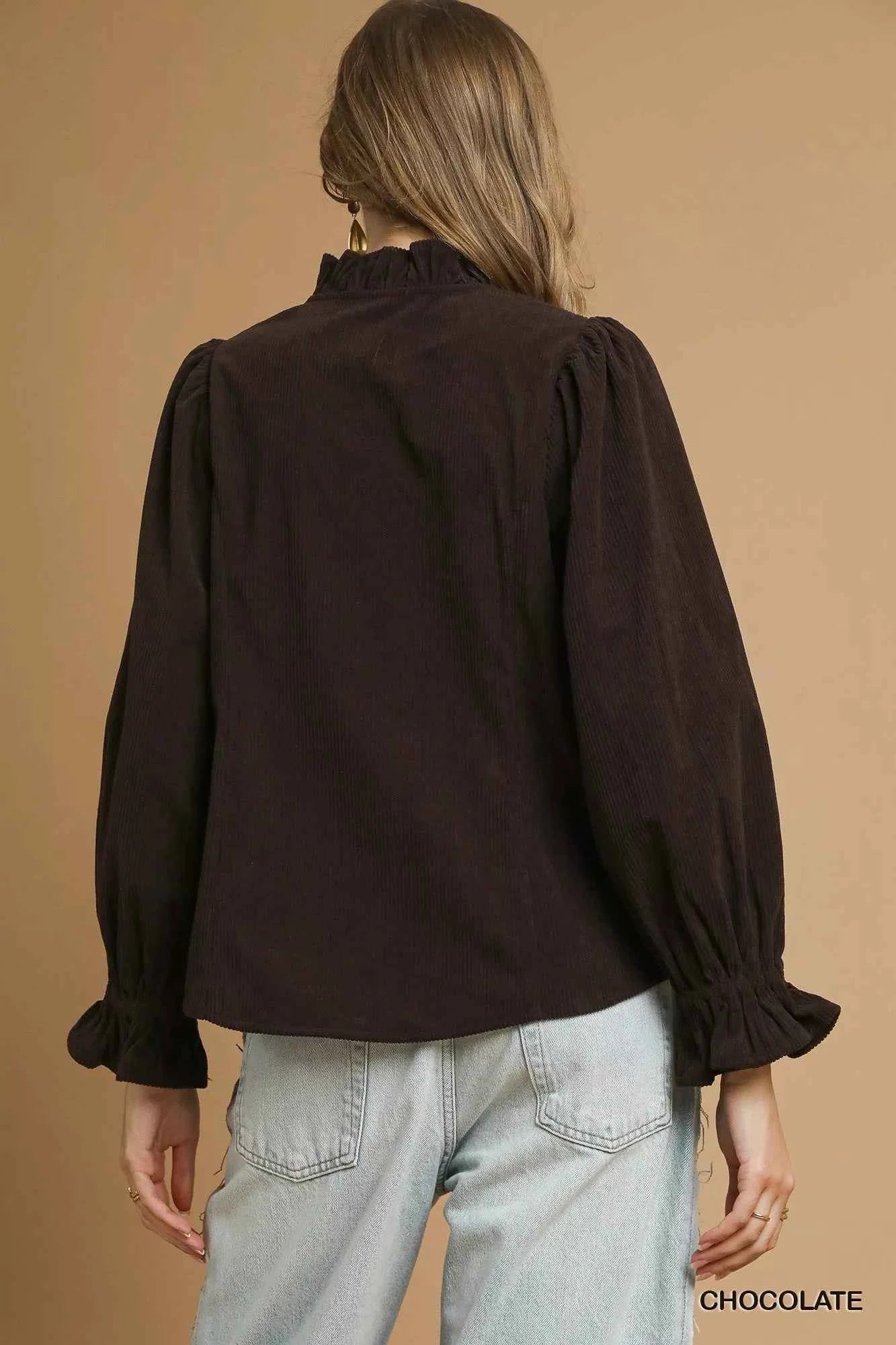 Corduroy Ruffle Shirt with Long Puff Sleeves 0f1003ad-fe52-46a0-9161-0388fb6e4a35-Max-Origin