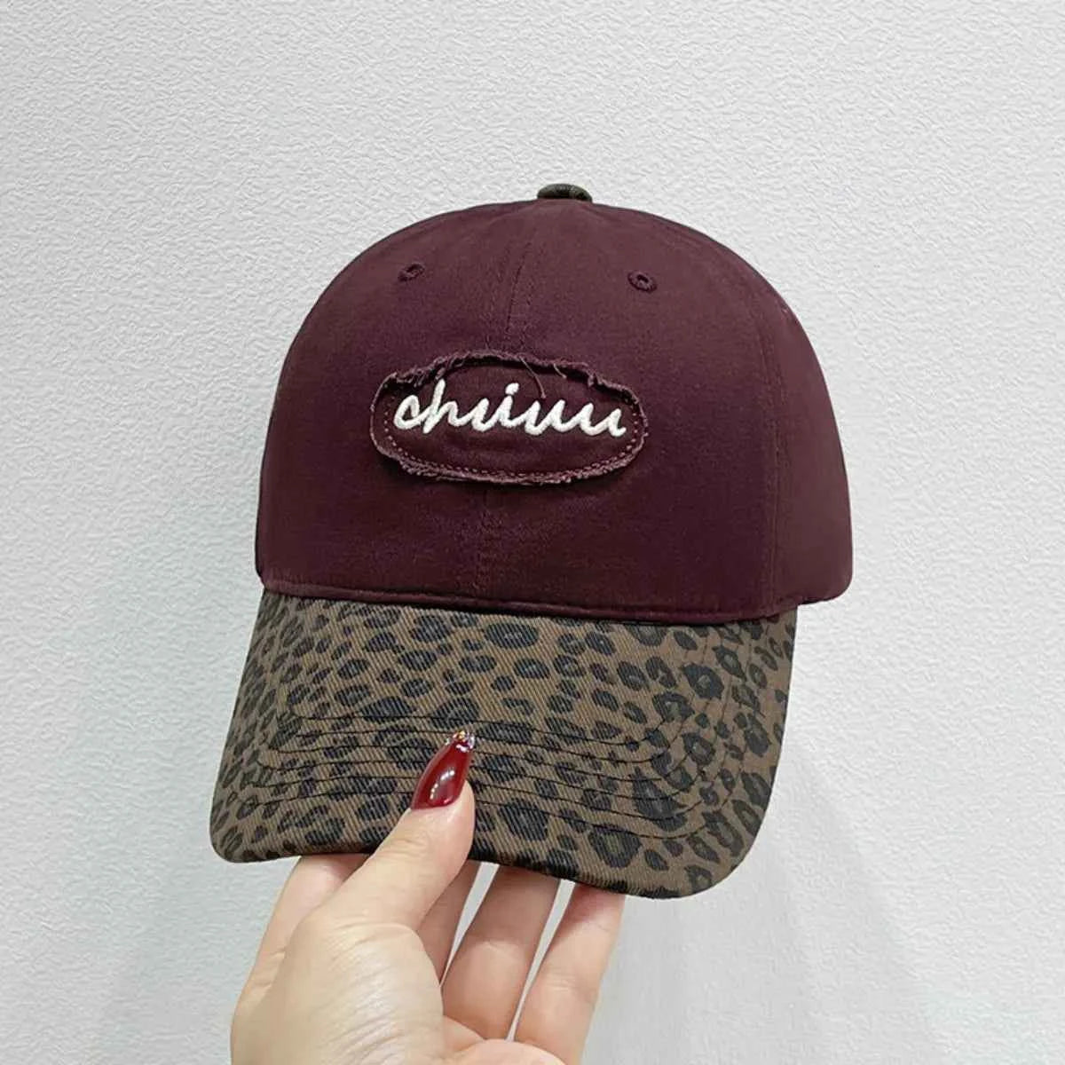 Leopard Print Baseball Cap with Embroidered Letter Burgundy One Size 0f1552a0-9b4e-438e-8ab1-8a0e05e92ddd-Max-Origin