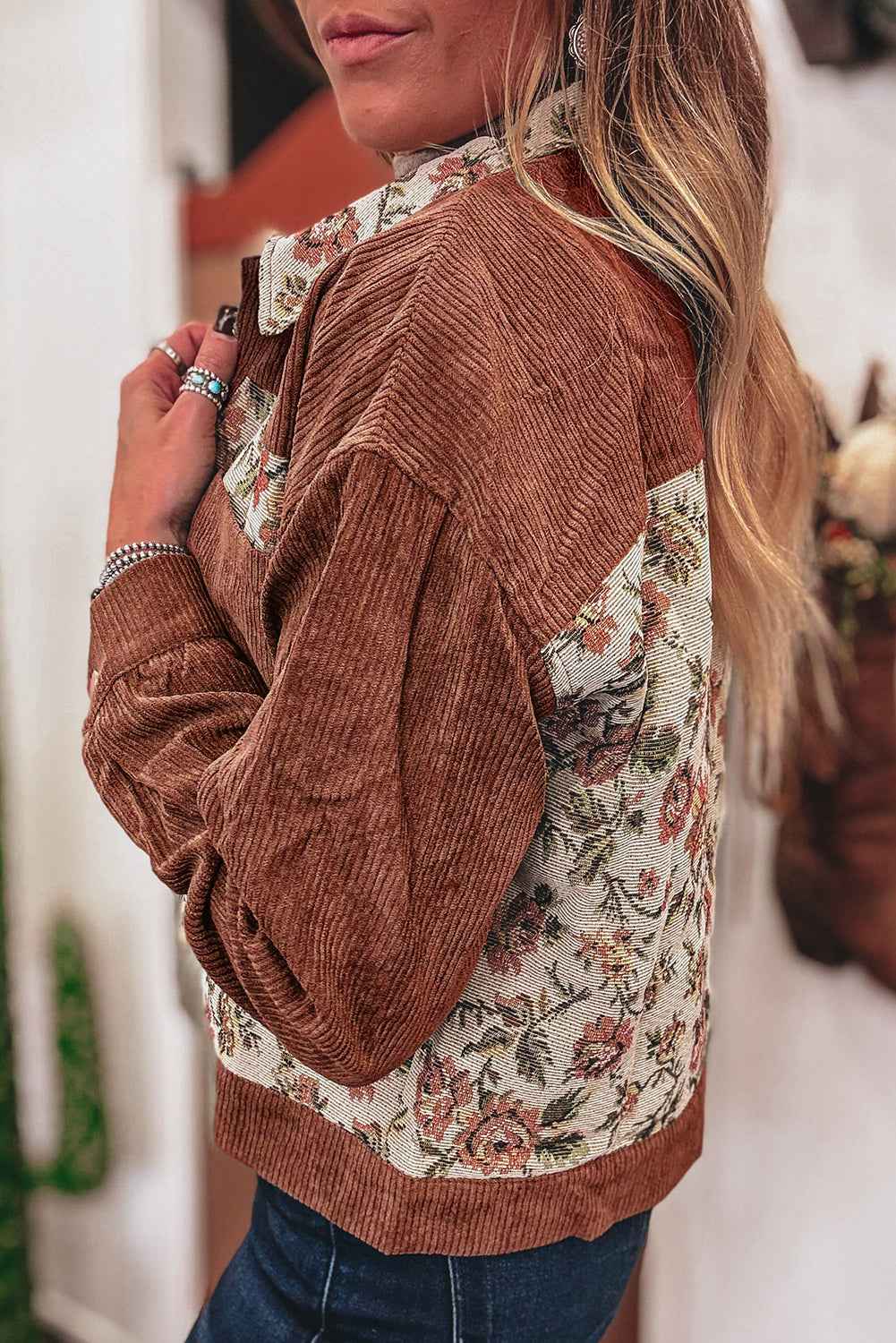 Medium Grey Ribbed Retro Floral Patchwork Jacket 0f1e649741c1ba9b