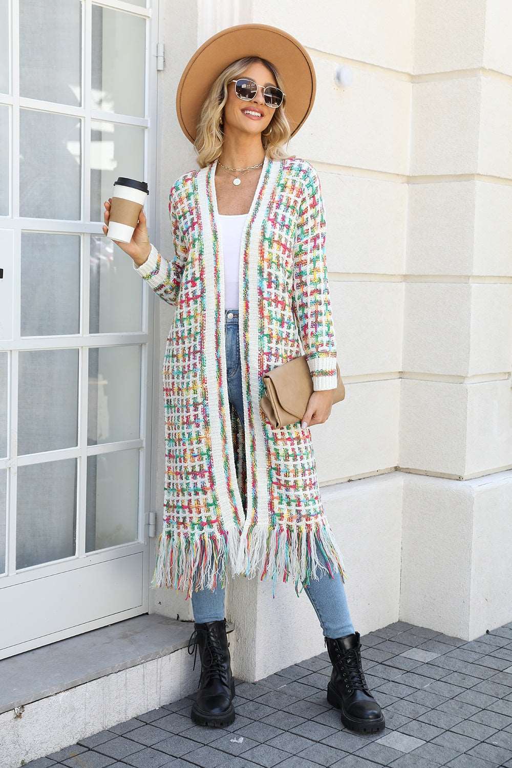 Angel Wings Full Size Multicolored Open Front Fringe Hem Cardigan