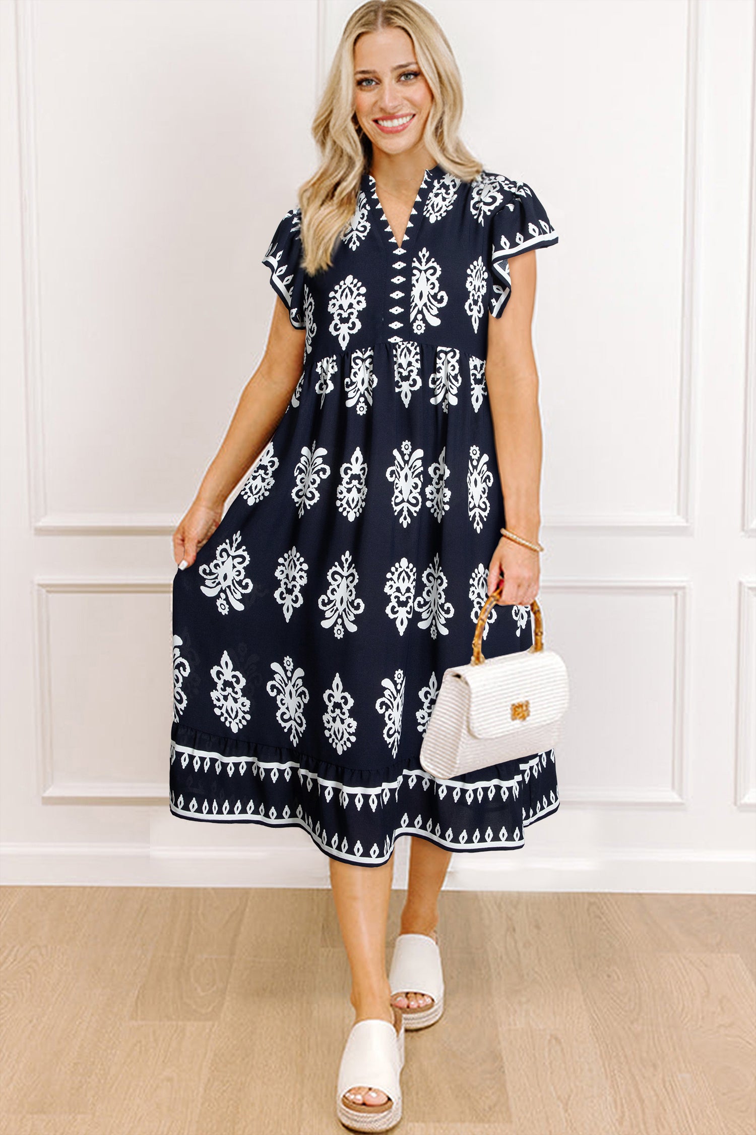 Blue Western Ethnic Print Notched Neck Short Sleeve Midi Dress 0f23dd46c00e2175