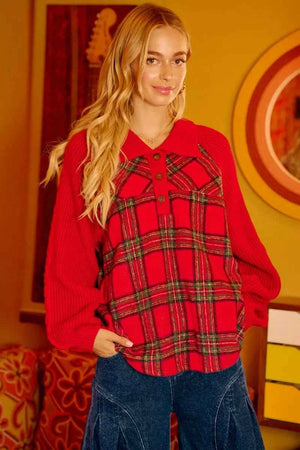 Plaid Buttoned Collared Top with Sweater Sleeve RED RED 0f267ae8ed3d4006ace3b95ed0151c75-Max-Origin