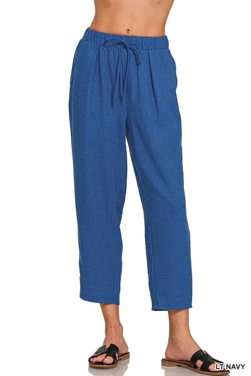 Zenana Woven Crepe Elastic Band Waist Pants LT NAVY 0f3a5837dd2e4b1cad3c6c25018c20f5-Max-Origin