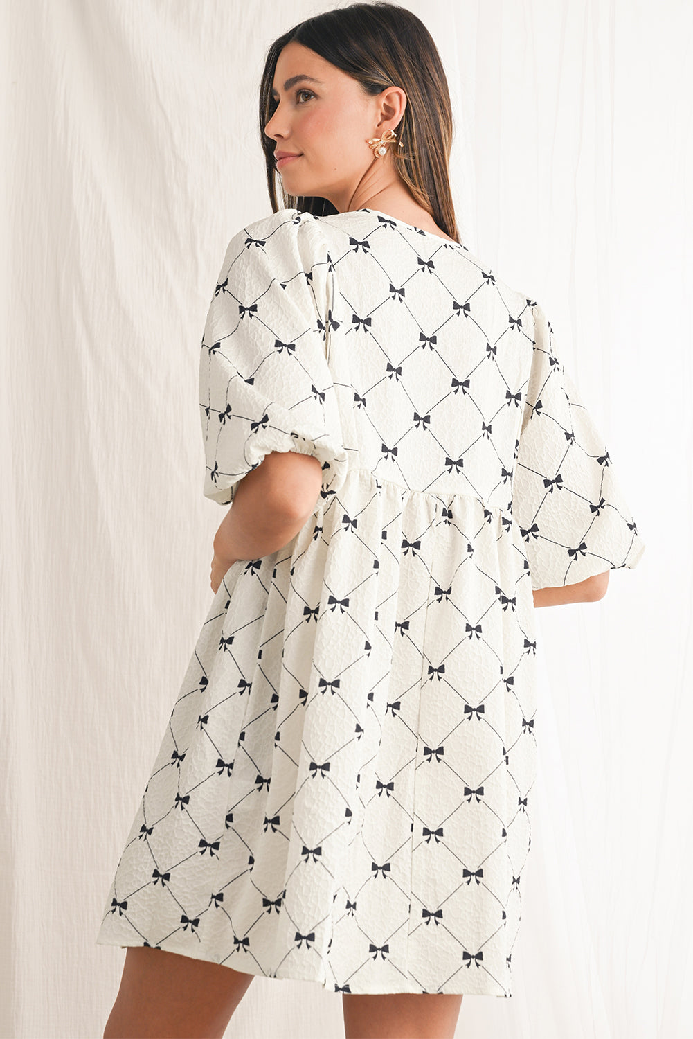 White Sweet Bow Print Lantern Sleeve Mini Dress 0f3d8152e58e6798