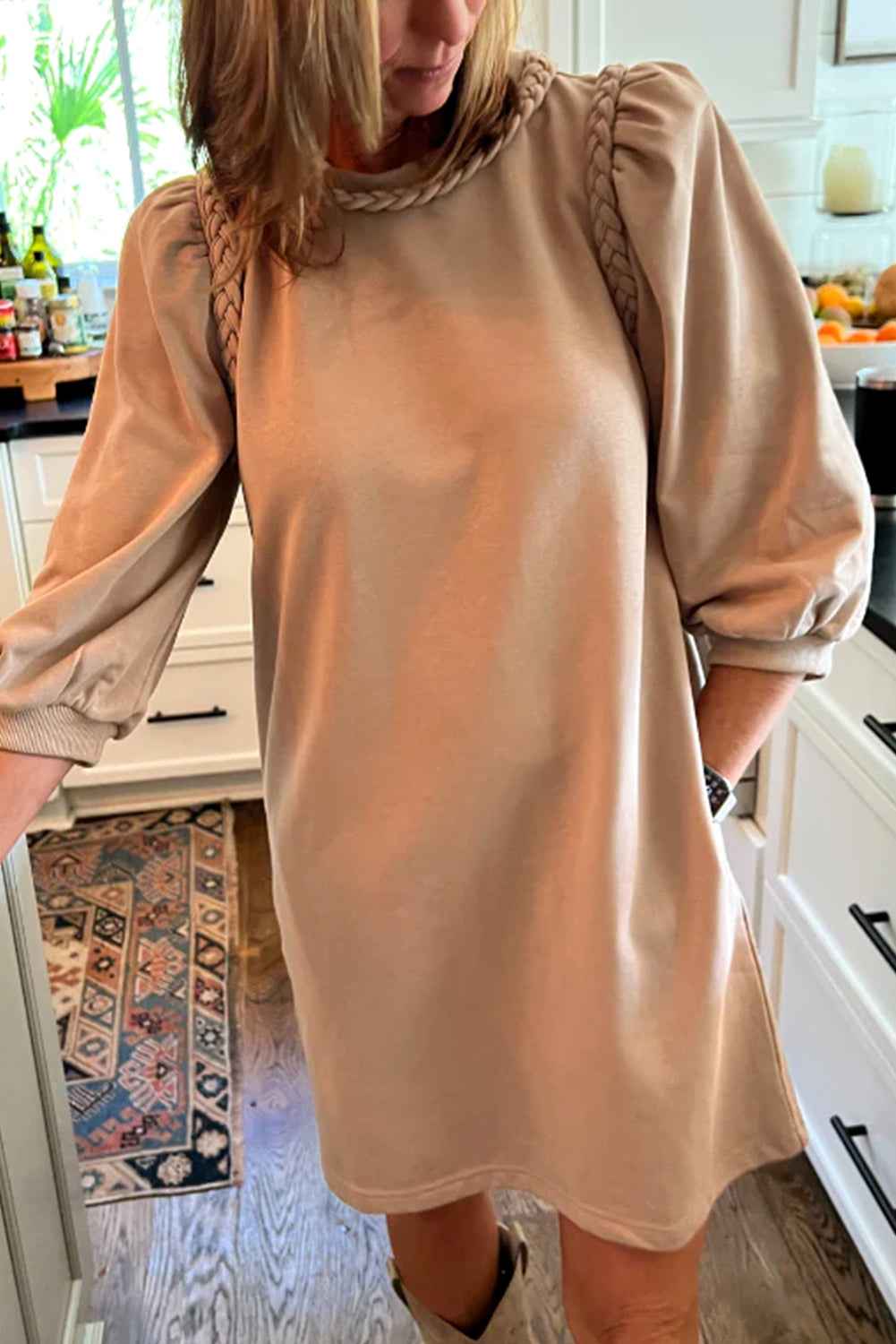 Light French Beige Twist Braided Embellished Puff Sleeve Dress Light French Beige 85%Polyester+10%Cotton+5%Elastane 0f3f7fd2b2cf2ba2