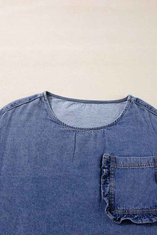 Denim 3/4 Sleeve Ruffle Patch Pocket Blouse 0f4538fd-ecc0-4f1b-be5a-9c0314f4101b