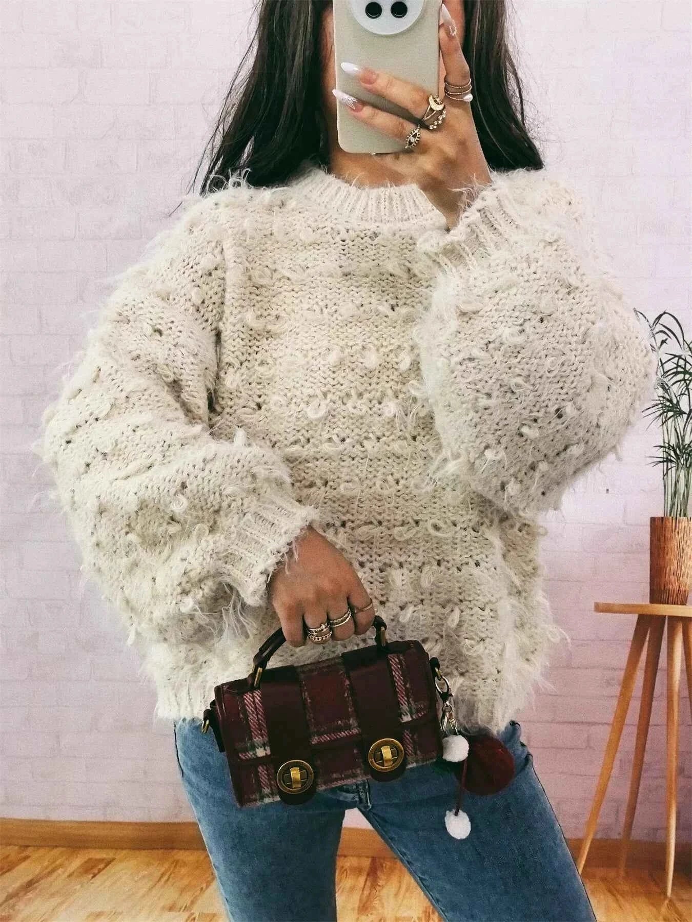 Chunky Round Neck Long Sleeve Sweater Beige One Size 0f4845f7292c446a834d001df30baffa-Max-Origin