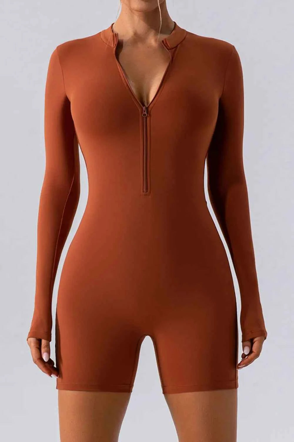 Half Zip Long Sleeve Active Romper Caramel 0f4ade4f-37c7-4d37-877a-b0fce347964f-Max