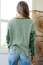 Khaki Stripe Patchwork Knit Drop Shoulder Top 0f4c11554c18bfe3