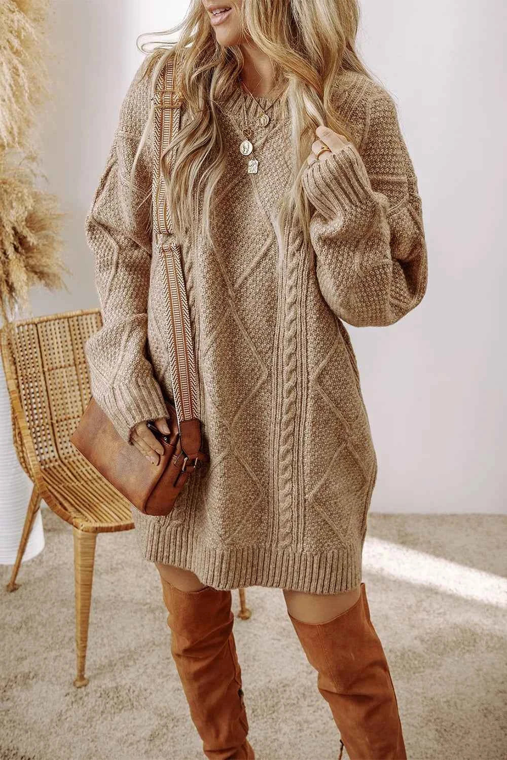 Cable-Knit Round Neck Sweater Dress 0f518554-d668-48be-b4e5-98a55bd2f3ca-Max