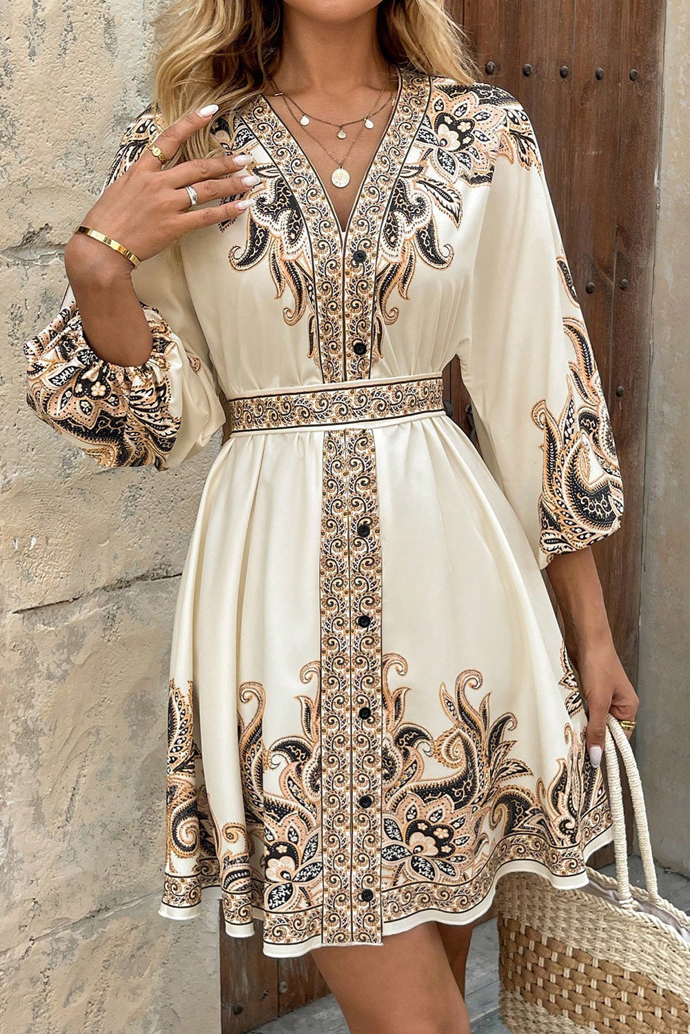 Beige Paisley Print V Neck Bracelet Sleeve Vacation Mini Dress 0f520608a671f775