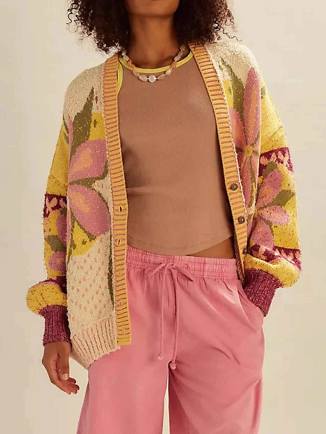 Floral Pattern Button Up Cardigan Beige One Size 0f53d434-1335-4097-aadb-e6b7f9aca33d-Max-Origin